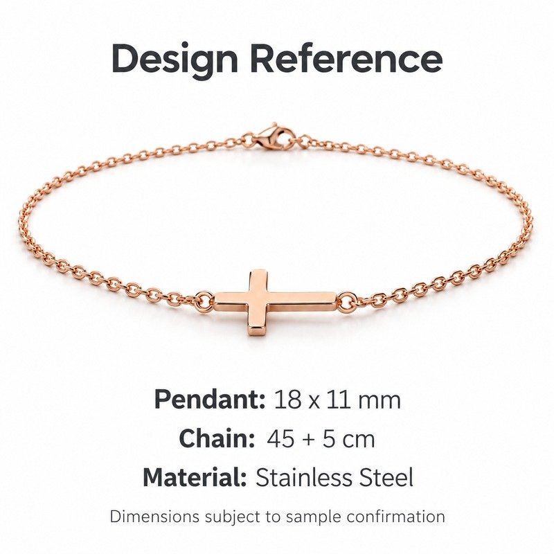 womens rose gold Stainless Steel sideways cross pendant necklace, design reference dimensions and material specifications