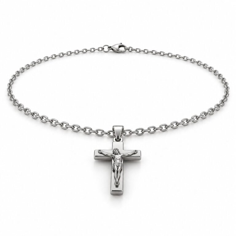 mens silver Stainless Steel crucifix pendant necklace, at a 45-degree angle on white