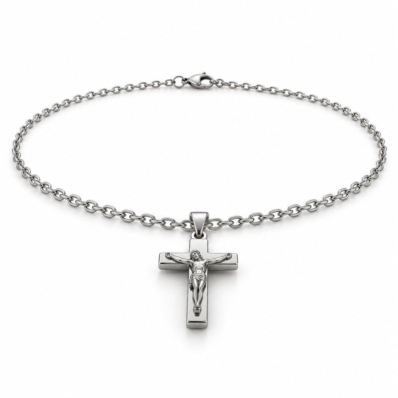 mens silver Stainless Steel crucifix pendant necklace, at a 45-degree angle on white