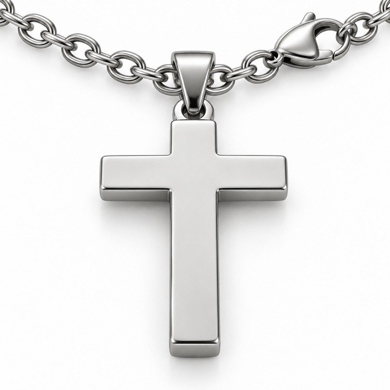 mens silver Stainless Steel crucifix pendant necklace, reverse side and connection structure on white