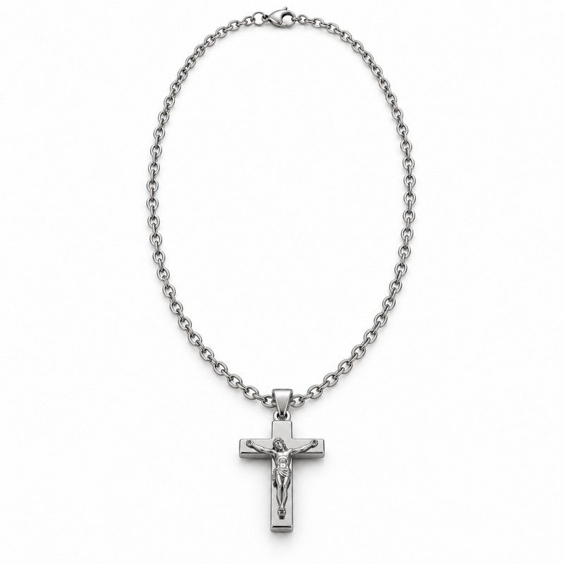 mens silver Stainless Steel crucifix pendant necklace, front view on white