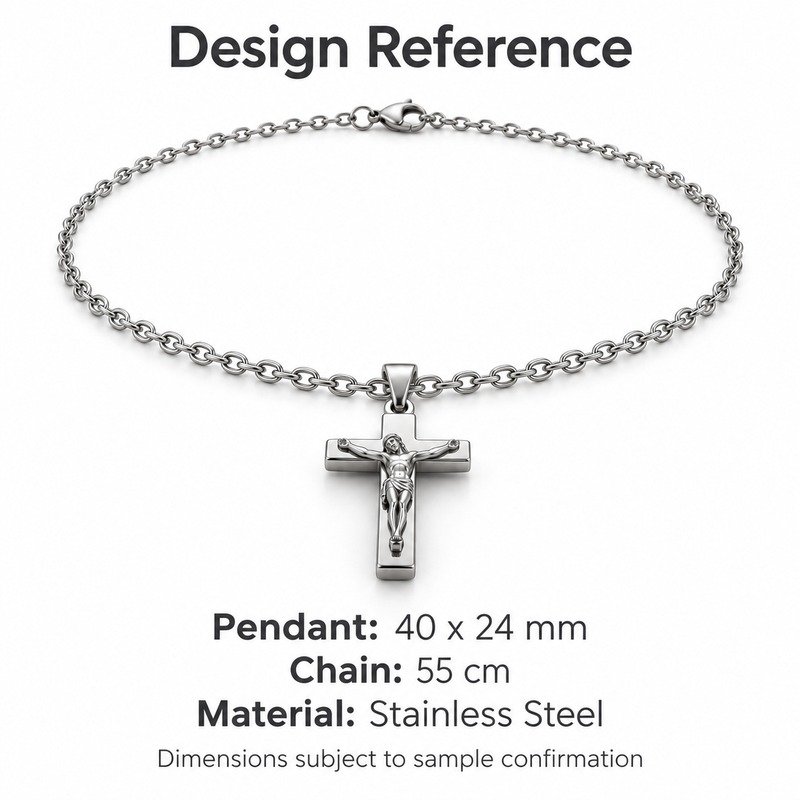 mens silver Stainless Steel crucifix pendant necklace, design reference dimensions and material specifications