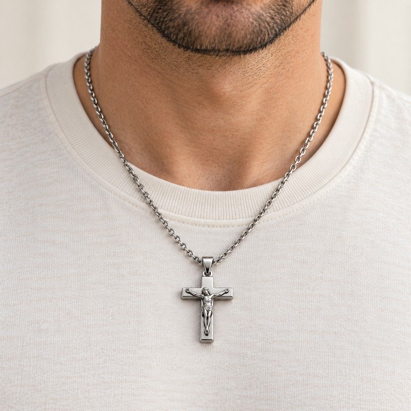 mens silver Stainless Steel crucifix pendant necklace, worn by an adult model
