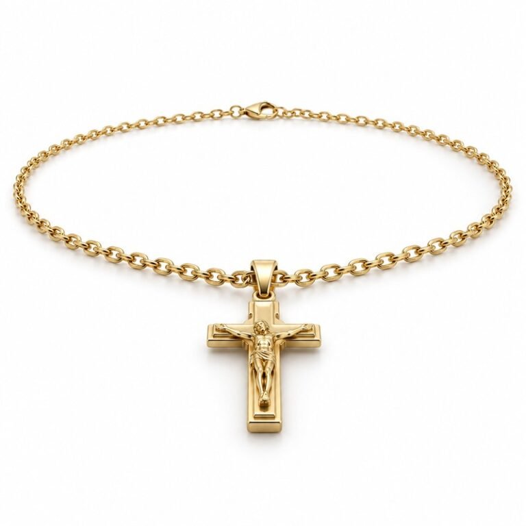 mens gold Stainless Steel crucifix pendant necklace, at a 45-degree angle on white