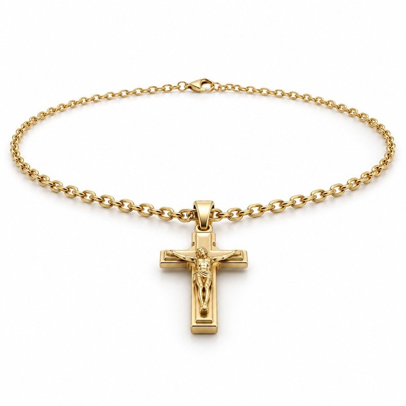 mens gold Stainless Steel crucifix pendant necklace, at a 45-degree angle on white