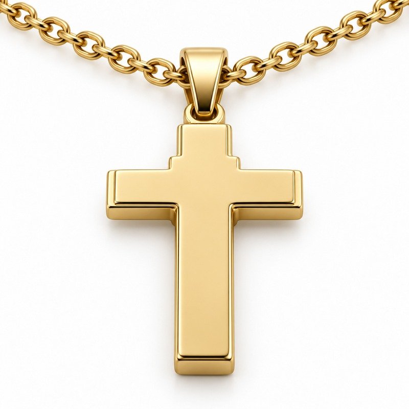 mens gold Stainless Steel crucifix pendant necklace, reverse side and connection structure on white
