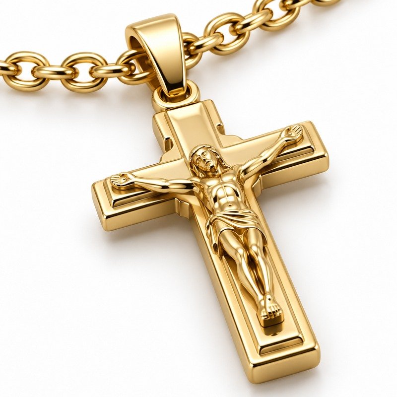mens gold Stainless Steel crucifix pendant necklace, material and craftsmanship close-up