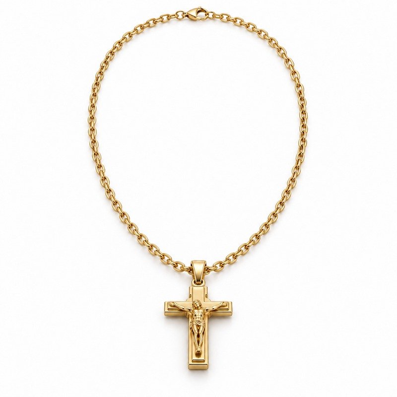 mens gold Stainless Steel crucifix pendant necklace, front view on white
