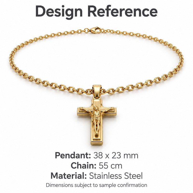 mens gold Stainless Steel crucifix pendant necklace, design reference dimensions and material specifications