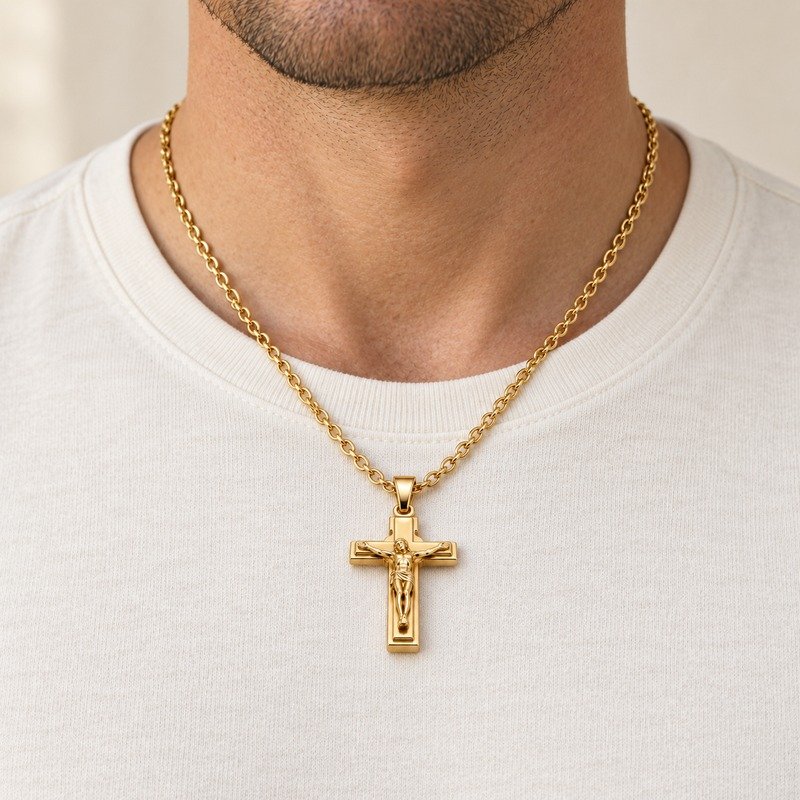 mens gold Stainless Steel crucifix pendant necklace, worn by an adult model