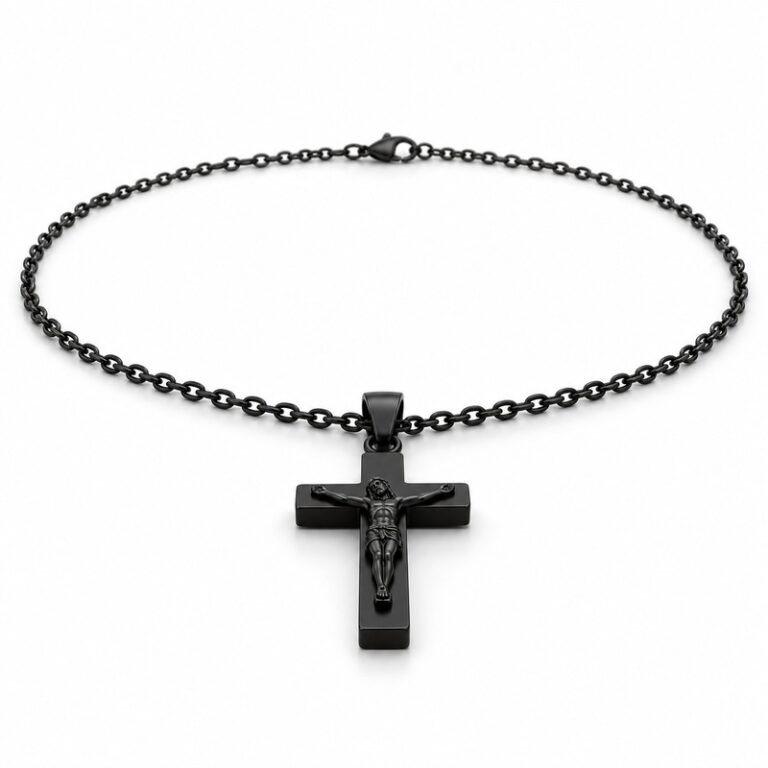 mens black Stainless Steel crucifix pendant necklace, at a 45-degree angle on white