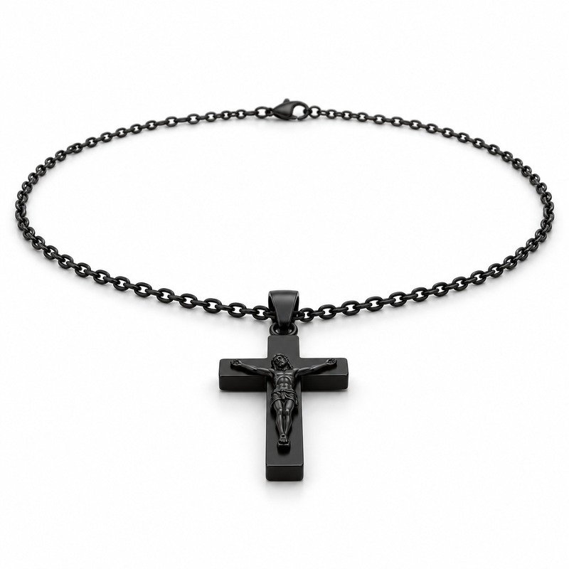 mens black Stainless Steel crucifix pendant necklace, at a 45-degree angle on white