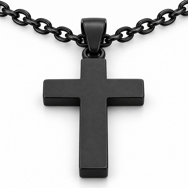 mens black Stainless Steel crucifix pendant necklace, reverse side and connection structure on white