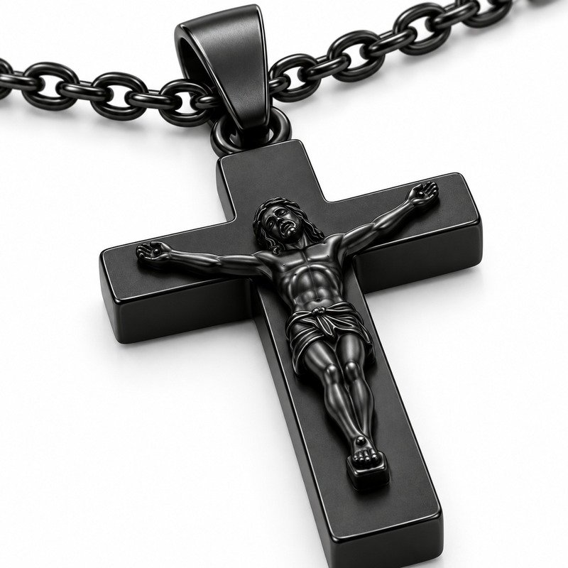 mens black Stainless Steel crucifix pendant necklace, material and craftsmanship close-up