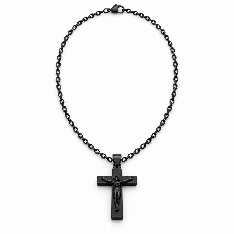 mens black Stainless Steel crucifix pendant necklace, front view on white