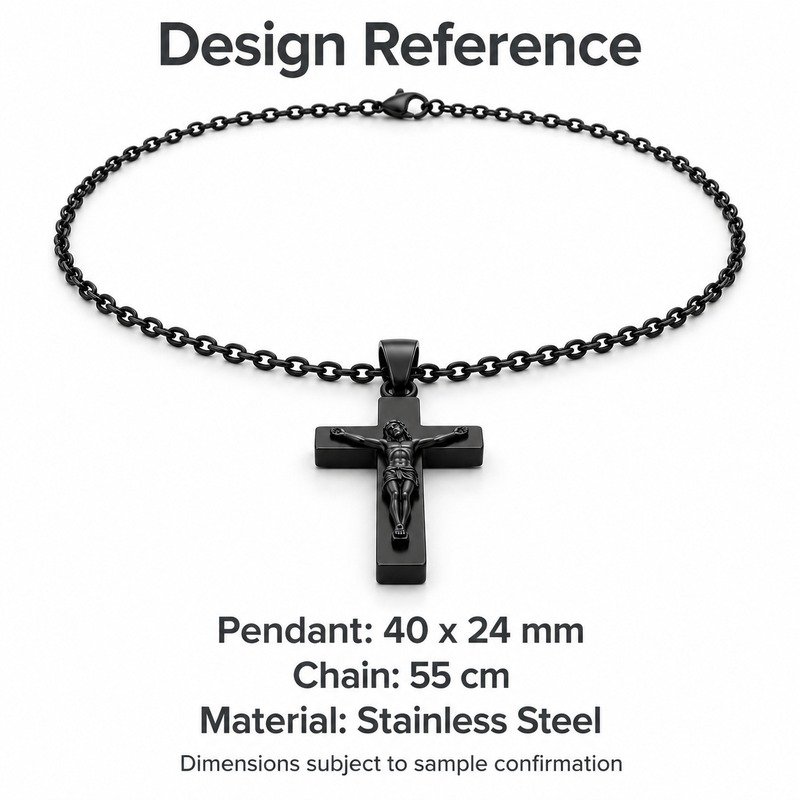 mens black Stainless Steel crucifix pendant necklace, design reference dimensions and material specifications