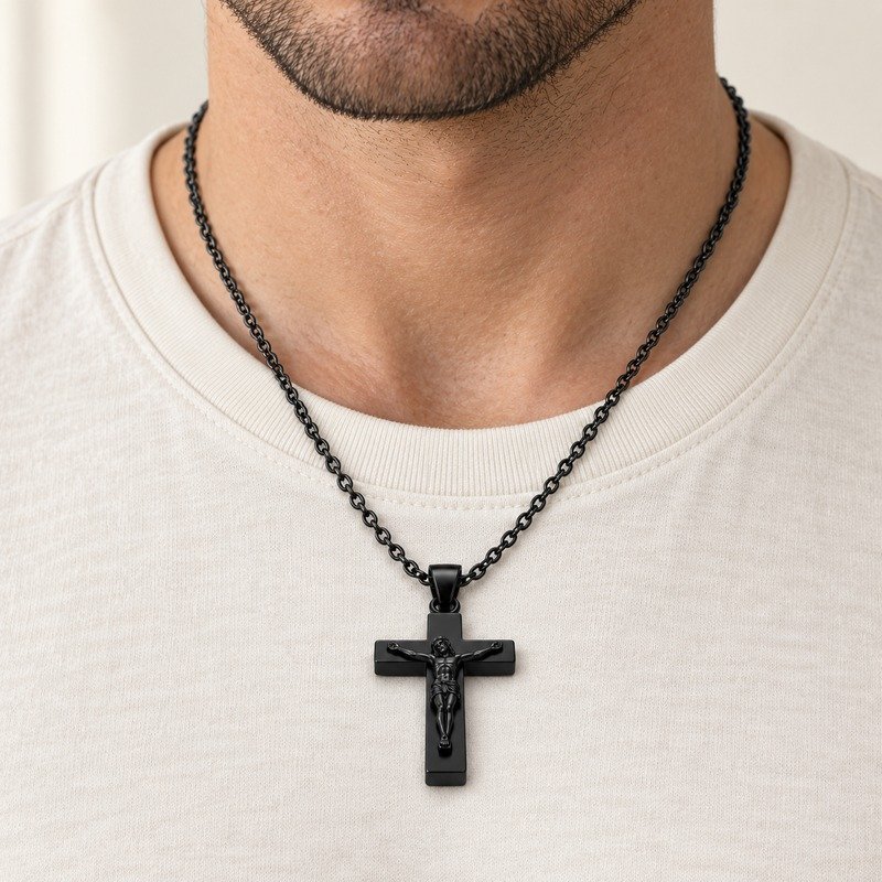 mens black Stainless Steel crucifix pendant necklace, worn by an adult model