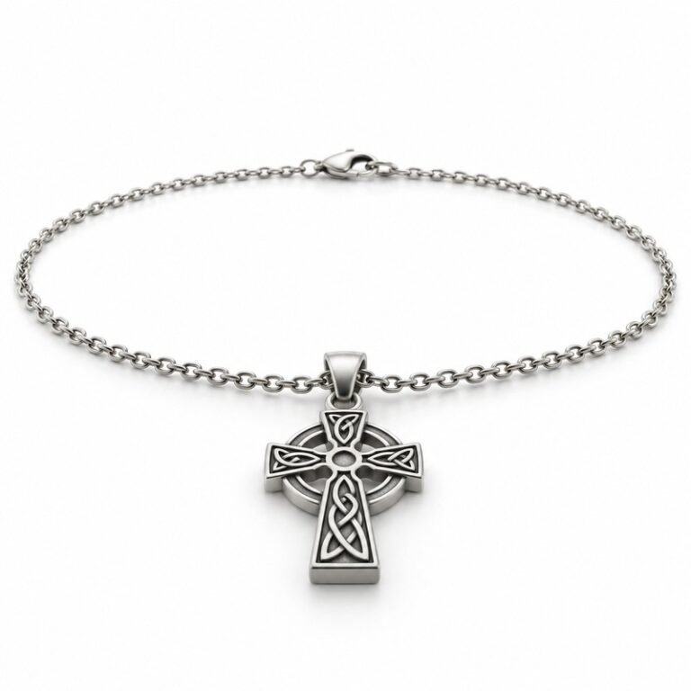 mens silver Stainless Steel celtic cross pendant necklace, at a 45-degree angle on white