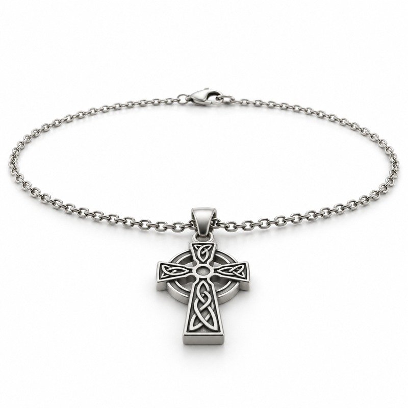 mens silver Stainless Steel celtic cross pendant necklace, at a 45-degree angle on white