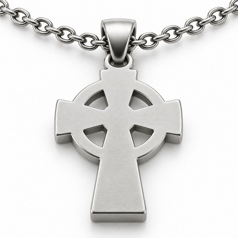 mens silver Stainless Steel celtic cross pendant necklace, reverse side and connection structure on white