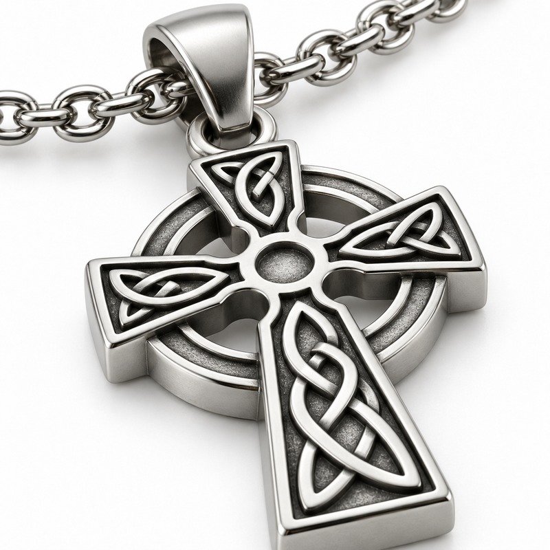 mens silver Stainless Steel celtic cross pendant necklace, material and craftsmanship close-up