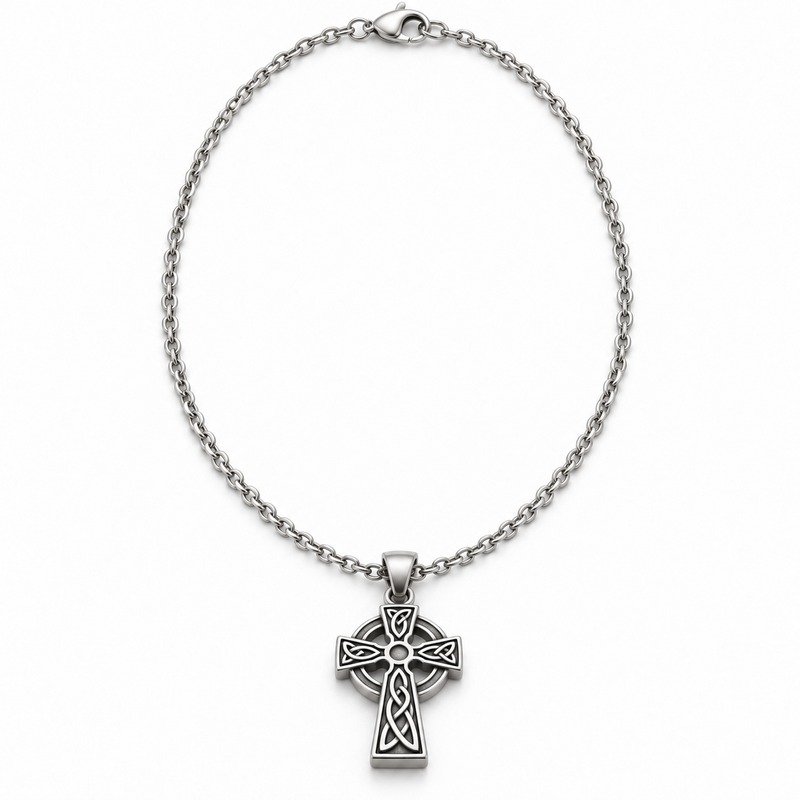 mens silver Stainless Steel celtic cross pendant necklace, front view on white