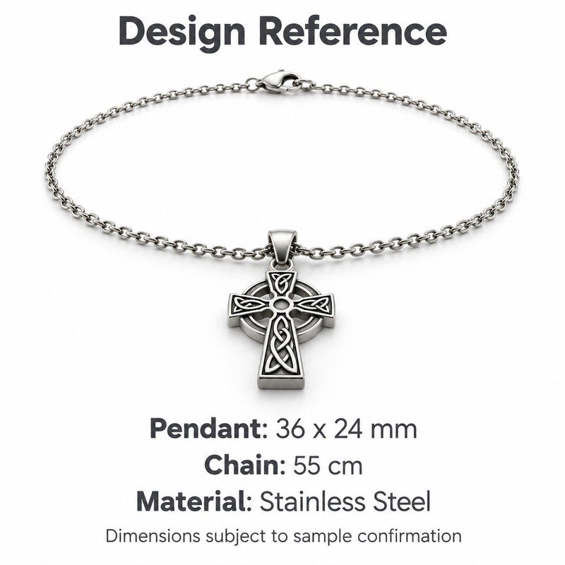 mens silver Stainless Steel celtic cross pendant necklace, design reference dimensions and material specifications