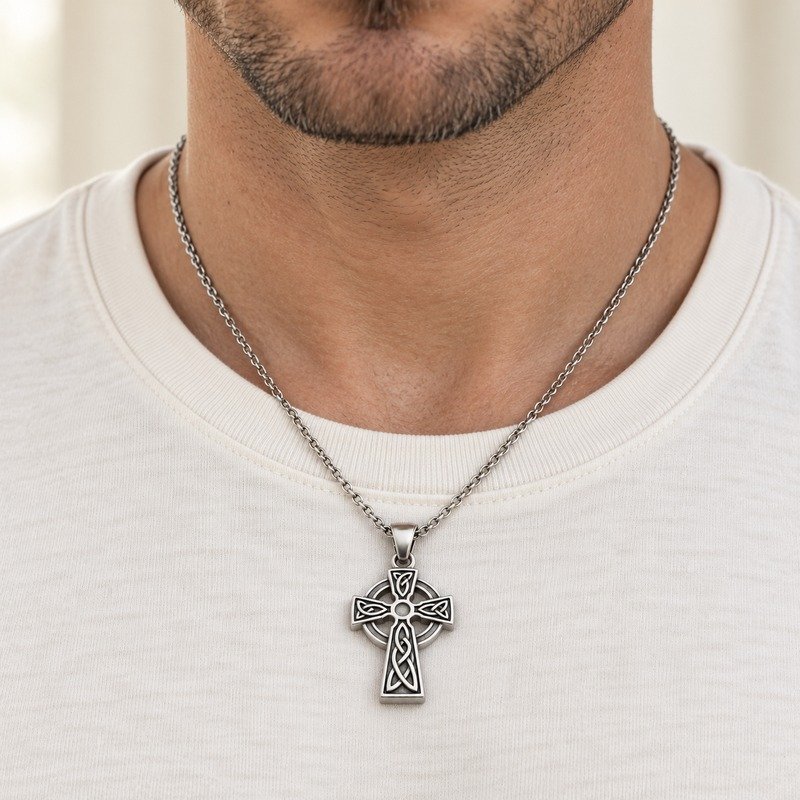 mens silver Stainless Steel celtic cross pendant necklace, worn by an adult model