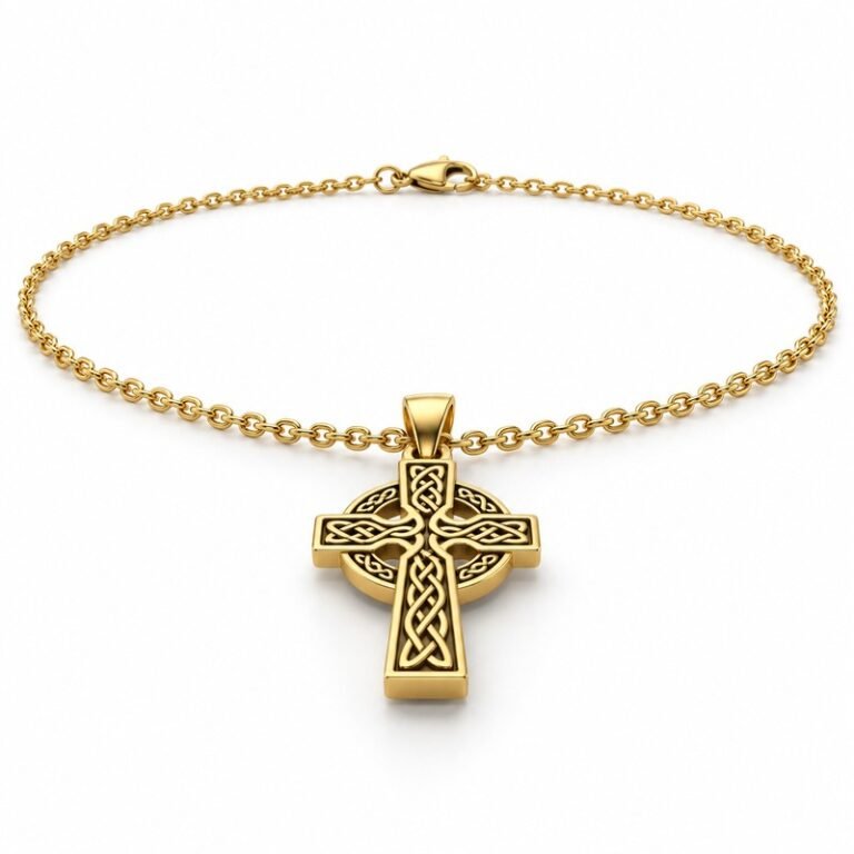 mens gold Stainless Steel celtic cross pendant necklace, at a 45-degree angle on white