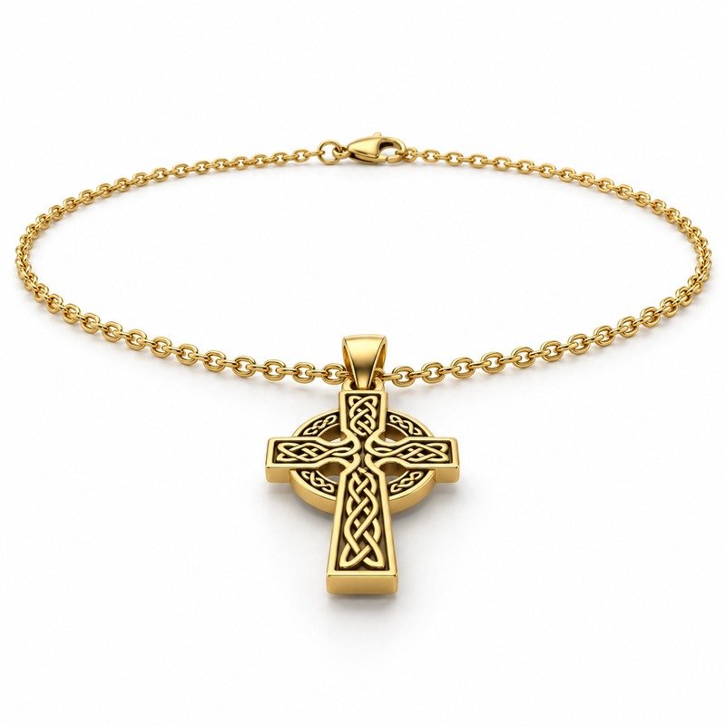 mens gold Stainless Steel celtic cross pendant necklace, at a 45-degree angle on white