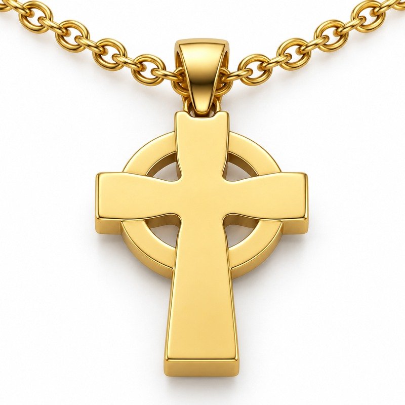 mens gold Stainless Steel celtic cross pendant necklace, reverse side and connection structure on white