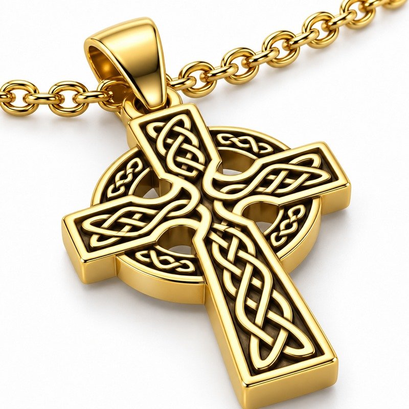 mens gold Stainless Steel celtic cross pendant necklace, material and craftsmanship close-up
