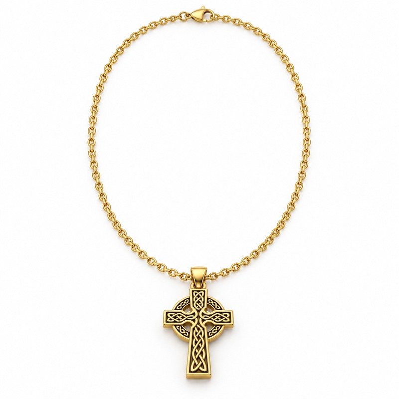 mens gold Stainless Steel celtic cross pendant necklace, front view on white