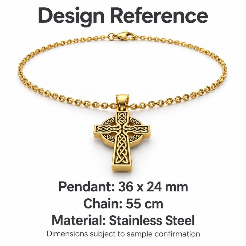mens gold Stainless Steel celtic cross pendant necklace, design reference dimensions and material specifications