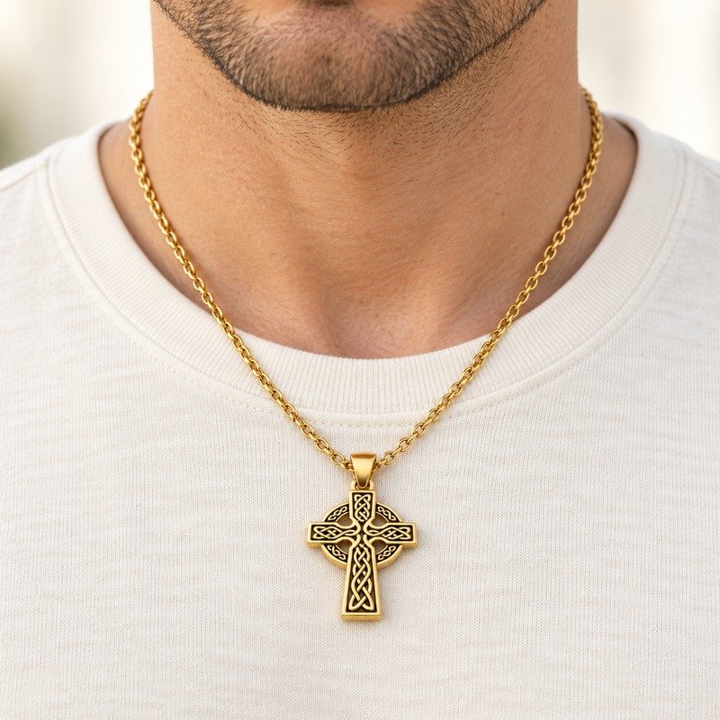 mens gold Stainless Steel celtic cross pendant necklace, worn by an adult model