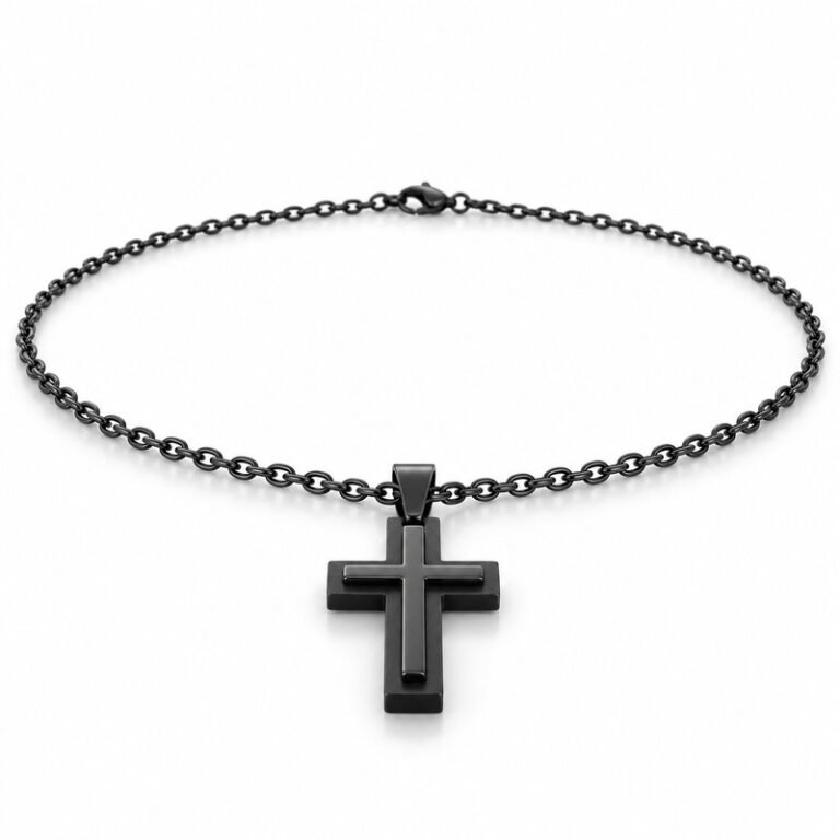 mens black Stainless Steel layered cross pendant necklace, at a 45-degree angle on white