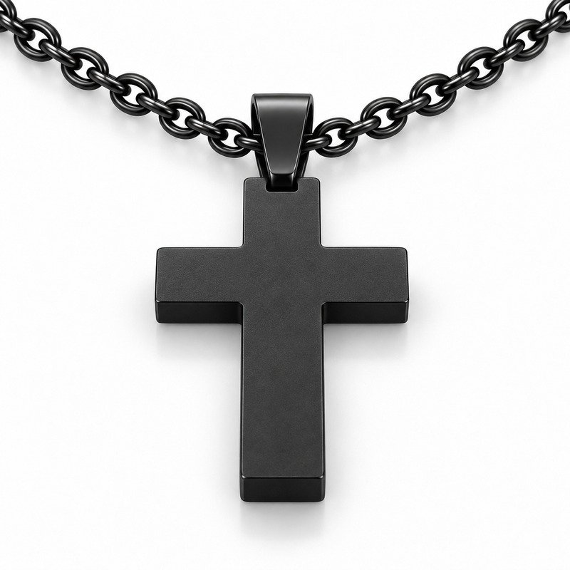 mens black Stainless Steel layered cross pendant necklace, reverse side and connection structure on white