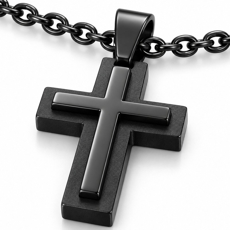 mens black Stainless Steel layered cross pendant necklace, material and craftsmanship close-up