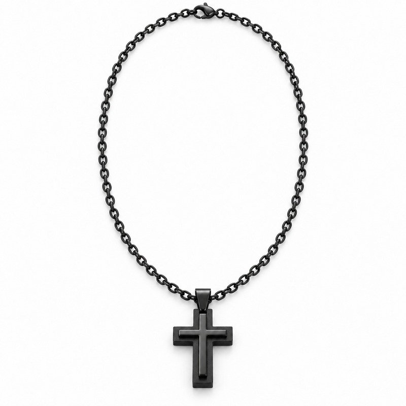 mens black Stainless Steel layered cross pendant necklace, front view on white