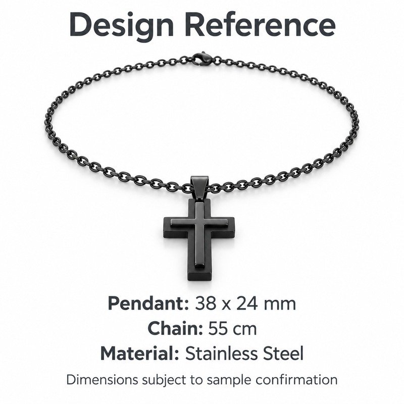 mens black Stainless Steel layered cross pendant necklace, design reference dimensions and material specifications
