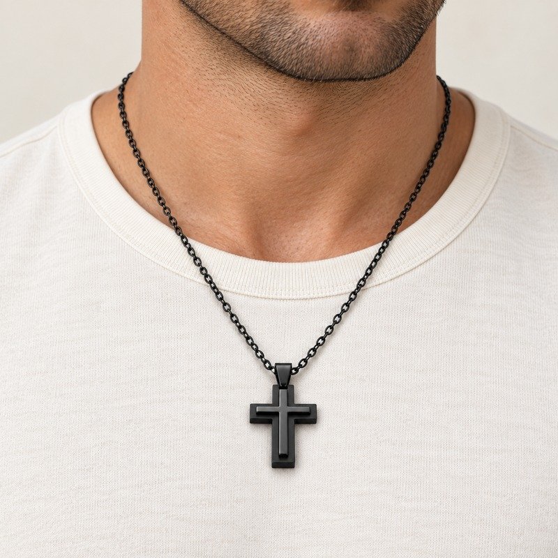 mens black Stainless Steel layered cross pendant necklace, worn by an adult model