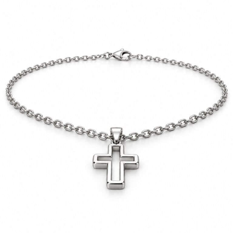 mens silver Stainless Steel open cross pendant necklace, at a 45-degree angle on white