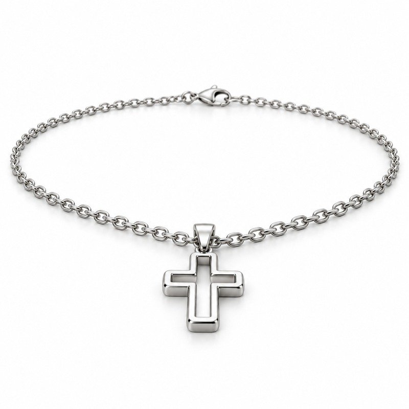 mens silver Stainless Steel open cross pendant necklace, at a 45-degree angle on white