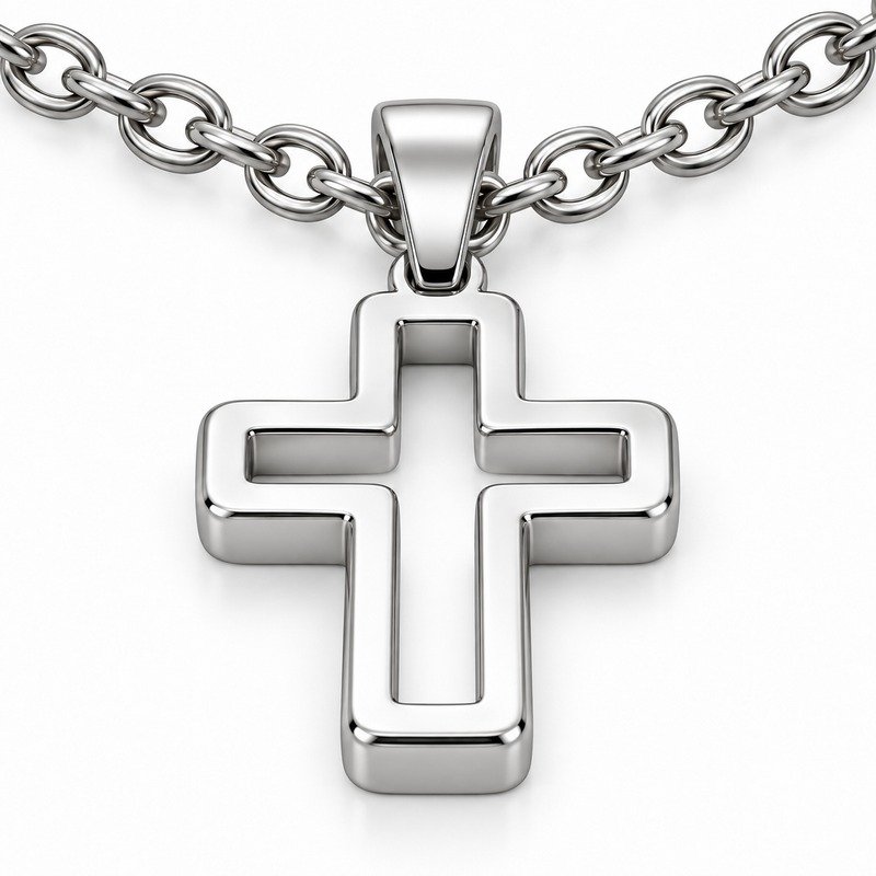mens silver Stainless Steel open cross pendant necklace, reverse side and connection structure on white