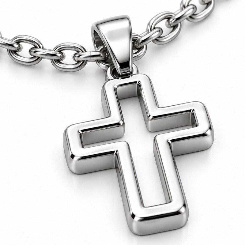 mens silver Stainless Steel open cross pendant necklace, material and craftsmanship close-up