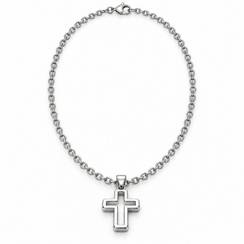 mens silver Stainless Steel open cross pendant necklace, front view on white