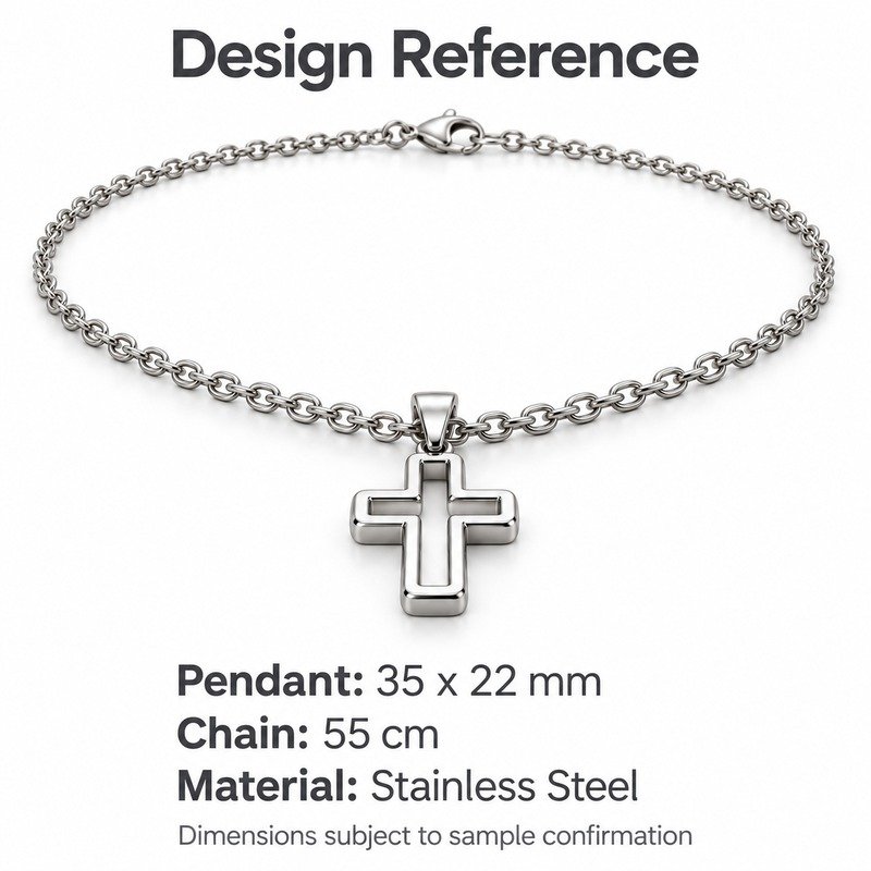 mens silver Stainless Steel open cross pendant necklace, design reference dimensions and material specifications