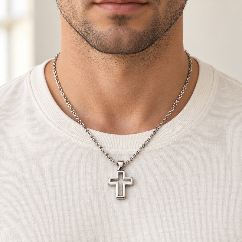 mens silver Stainless Steel open cross pendant necklace, worn by an adult model