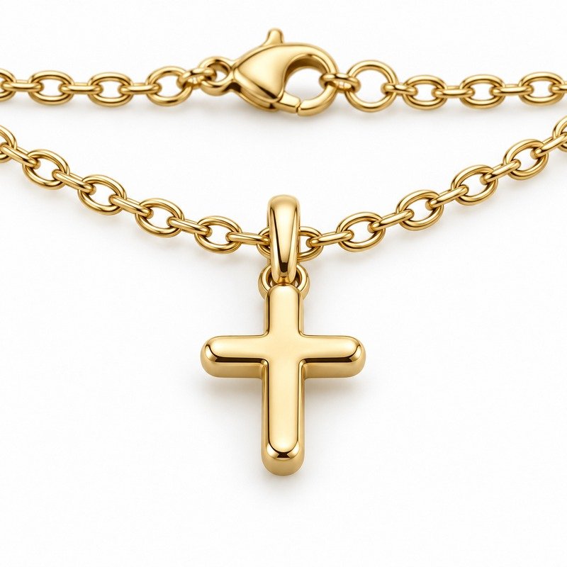 womens gold Stainless Steel petite cross pendant necklace, reverse side and connection structure on white