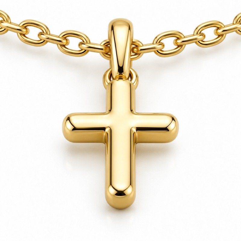 womens gold Stainless Steel petite cross pendant necklace, material and craftsmanship close-up